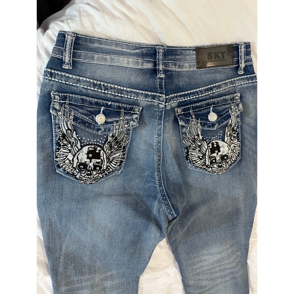 NWT SKY Blue Bootcut Jeans 13 Winged Skull Rhinestone Bling Y2K Mall Goth Denim - Picture 2 of 13